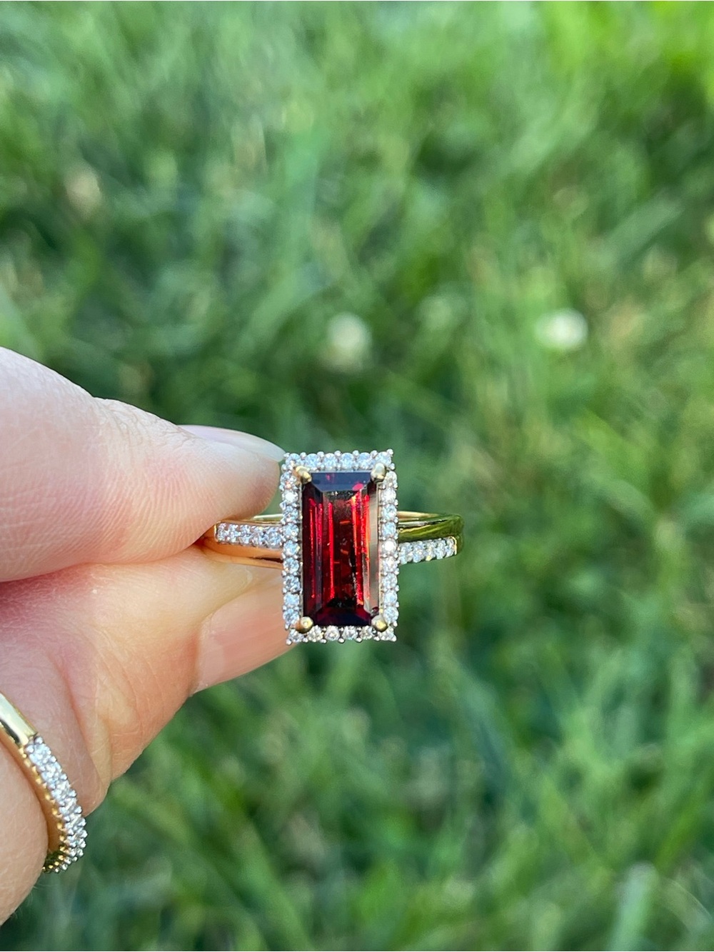 Garnet and Moissanite Halo Ring